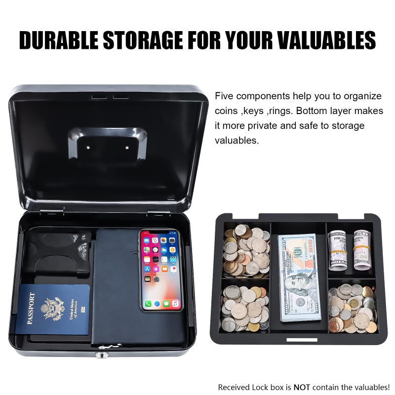 KYODOLED Metal Cash Box with Money Tray and Lock,Money Box with Cash Tray,Cash Drawer,11.81"x 9.45"x 3.54" Black X Large - Image 4